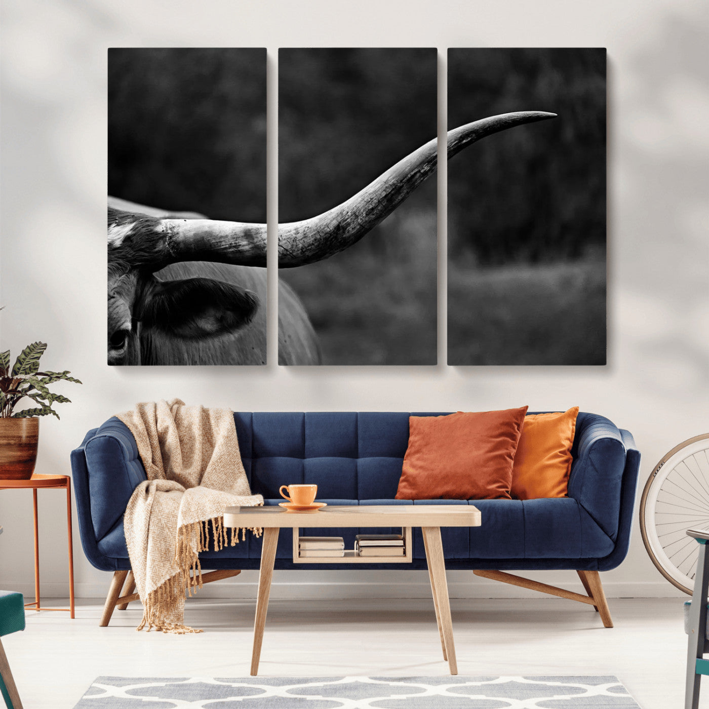 MGV-CV-48X32-3P - Cow Longhorn Wall Art | Black and White Print | Ready to Hang and Framed | Farmhouse Wall Decor |