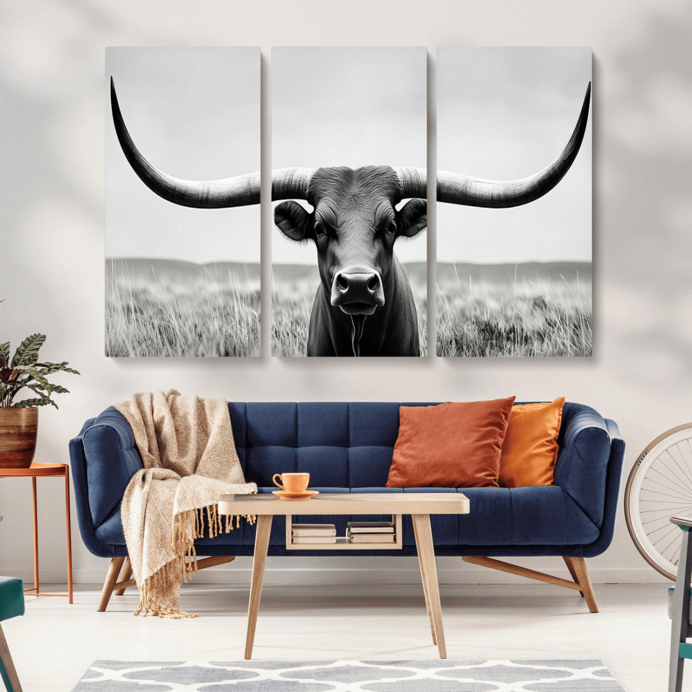 -Longhorn Bull Canvas Print | Rustic Farmhouse Wall Art | Western Decor | Ready to Hang and Framed