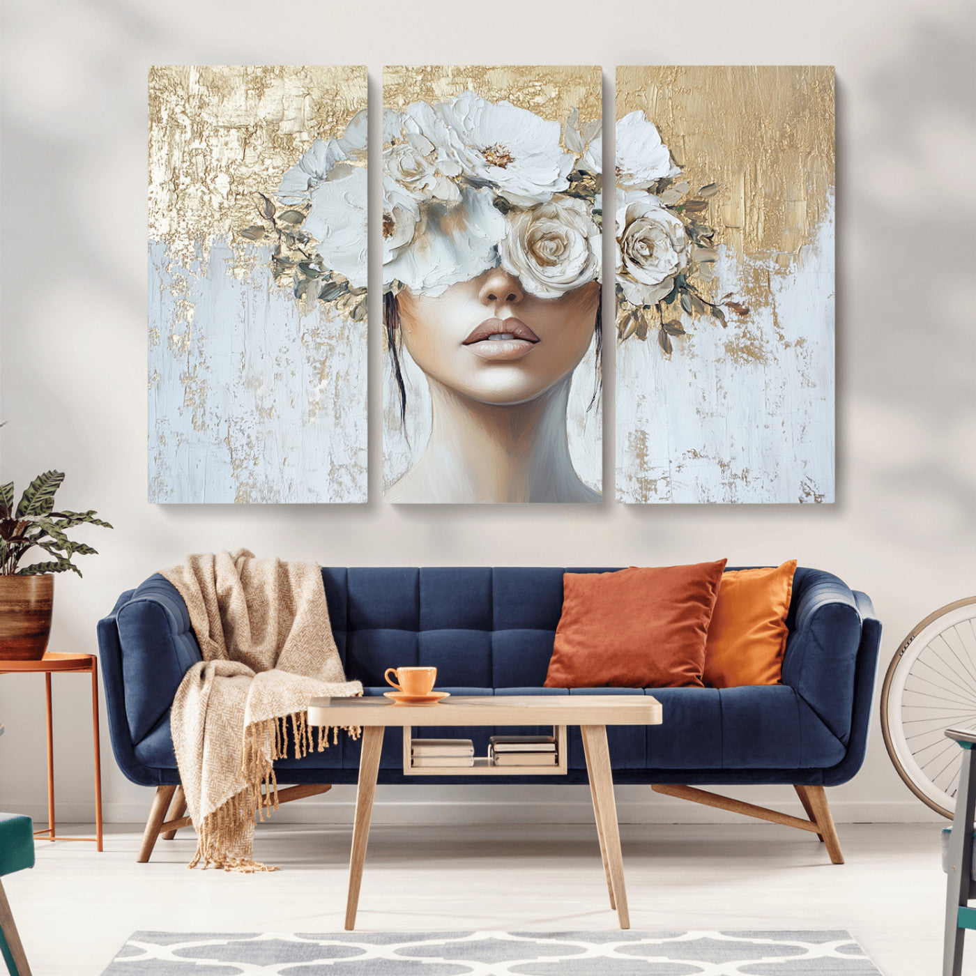 MGV-CV-48X32-3P - Golden Petal Wall Art - Canvas Print Flower Head Woman Painting Floral Woman Portrait Wall Decor,