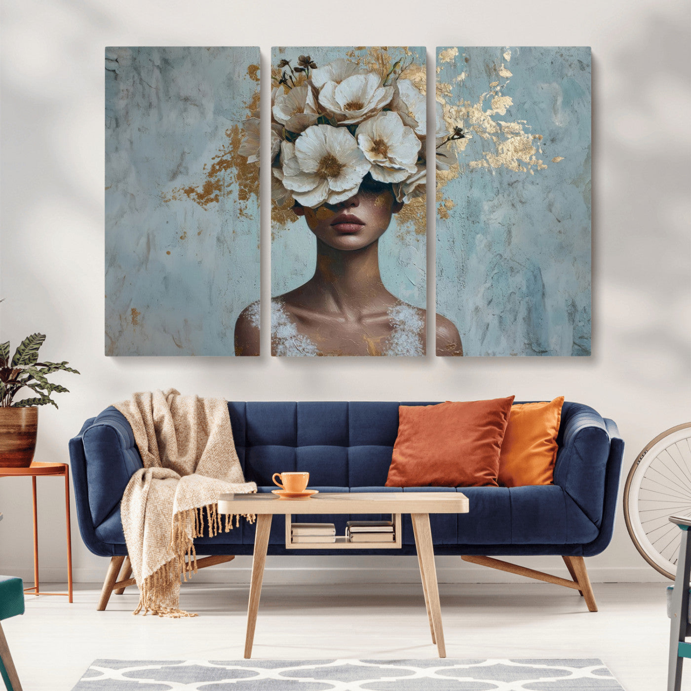 MGV-CV-48X32-3P - Golden Petal Wall Art - Petal Silhouette Woman Wall Art Canvas Print | Large 3-Panel Canvas with