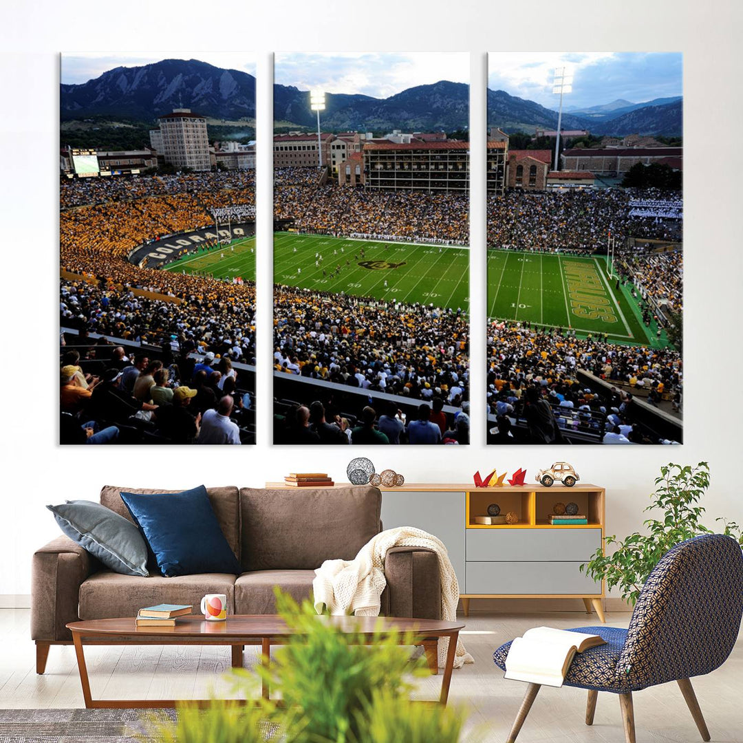 Experience the Folsom Field - University of Colorado Buffaloes Football Stadium Wall Art, a stunning ready-to-hang and framed canvas print. In this vibrant masterpiece, the bustling stadium is beautifully depicted in rich detail.