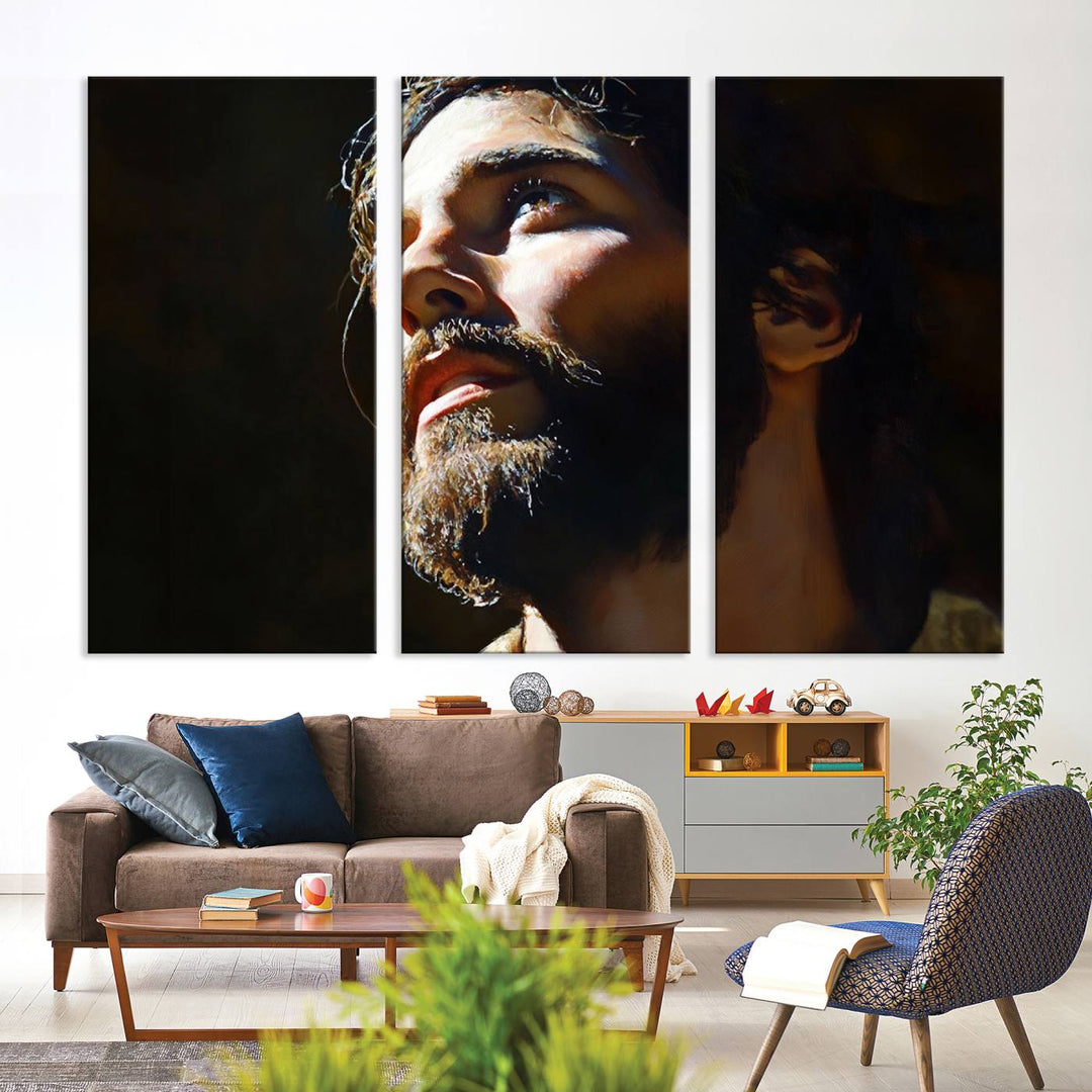 The Jesus Portrait Wall Art Canvas Print features a thoughtful depiction of Jesus Christ in an oil painting style, adding an inspirational religious touch to the decor.