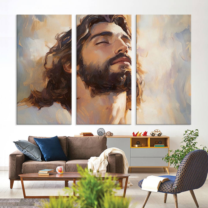 This museum-quality canvas print, titled "Jesus Portrait," features an oil painting style depiction of Jesus Christ with a closed-eyed expression. The high-resolution printing captures every detail beautifully.