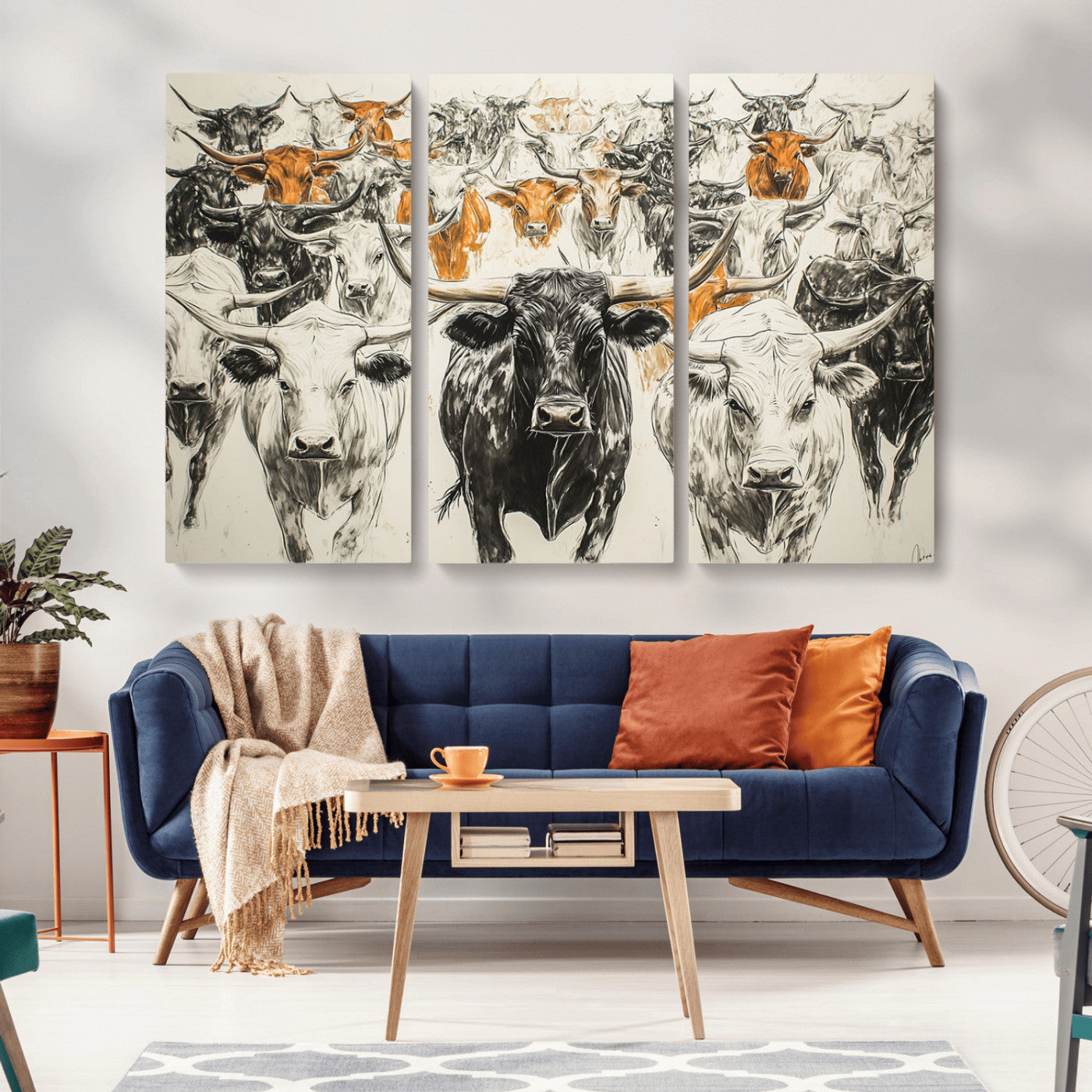 MGV-CV-48X32-3P - Texas Longhorn Wall Art - Herd Canvas Wall Art Print - Abstract Cow Drawing Wall Art Print for