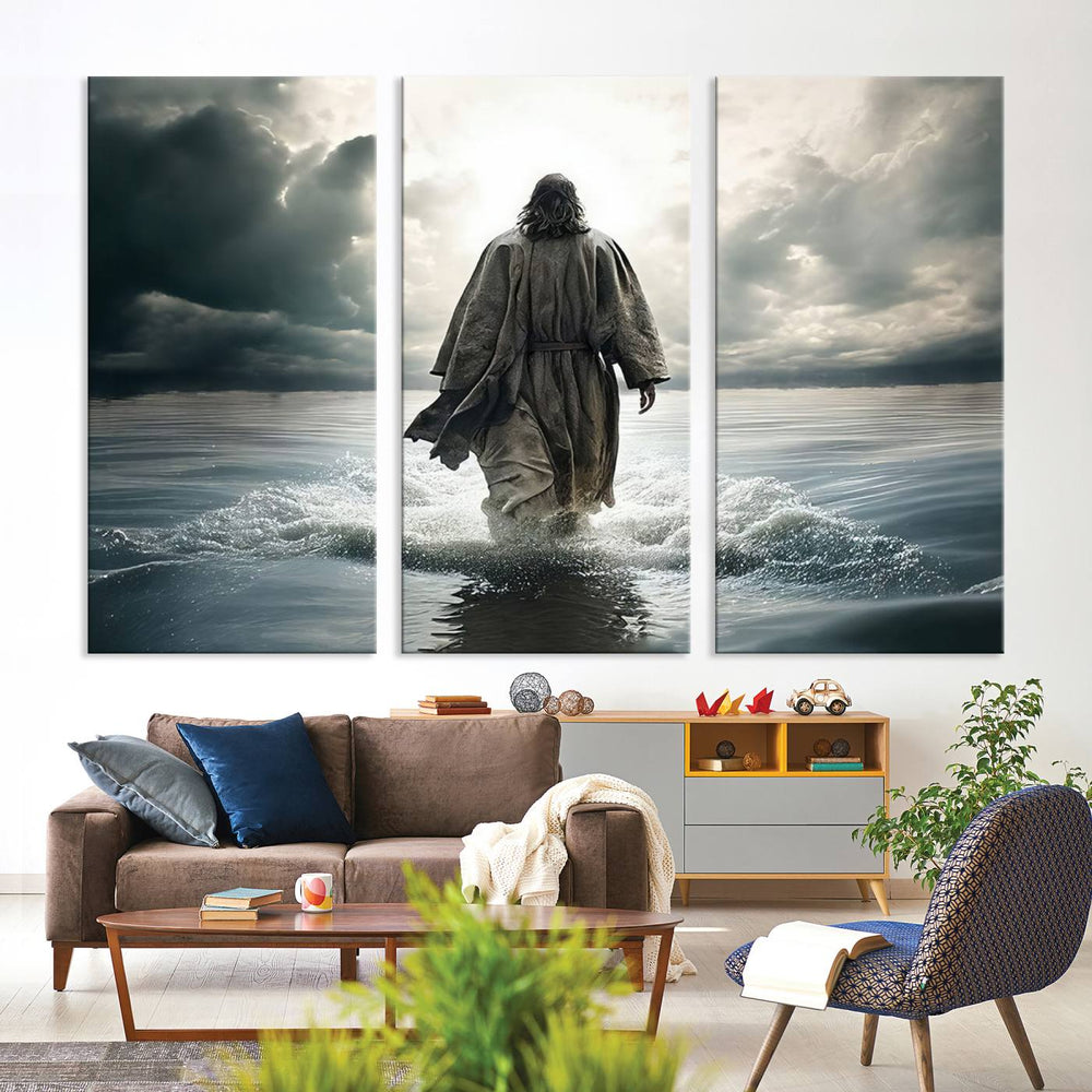 A canvas wall art depicting a figure walking on water beneath dramatic clouds, designed as inspirational religious imagery and ready to hang.