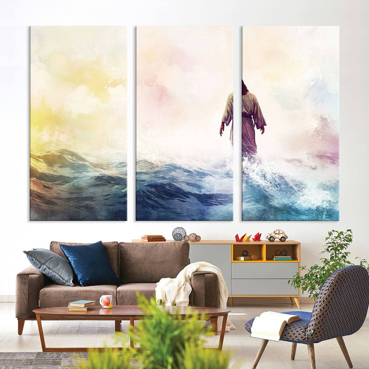 Watercolor Jesus Walking on Water Canvas Print, Christian Wall Art, Jesus Christ Walking