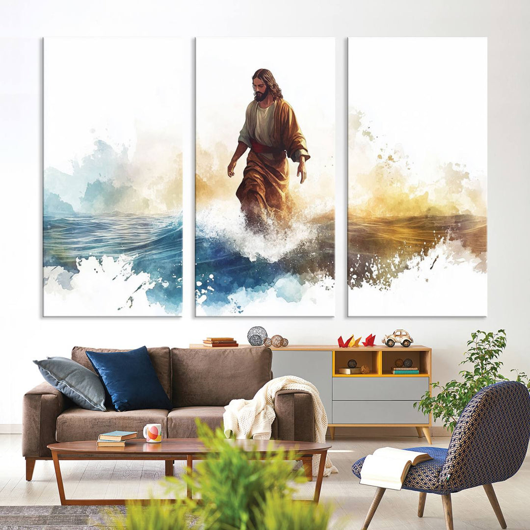 Watercolor Jesus Walking on Water Canvas Print, Christian Wall Art, Jesus Christ Walking