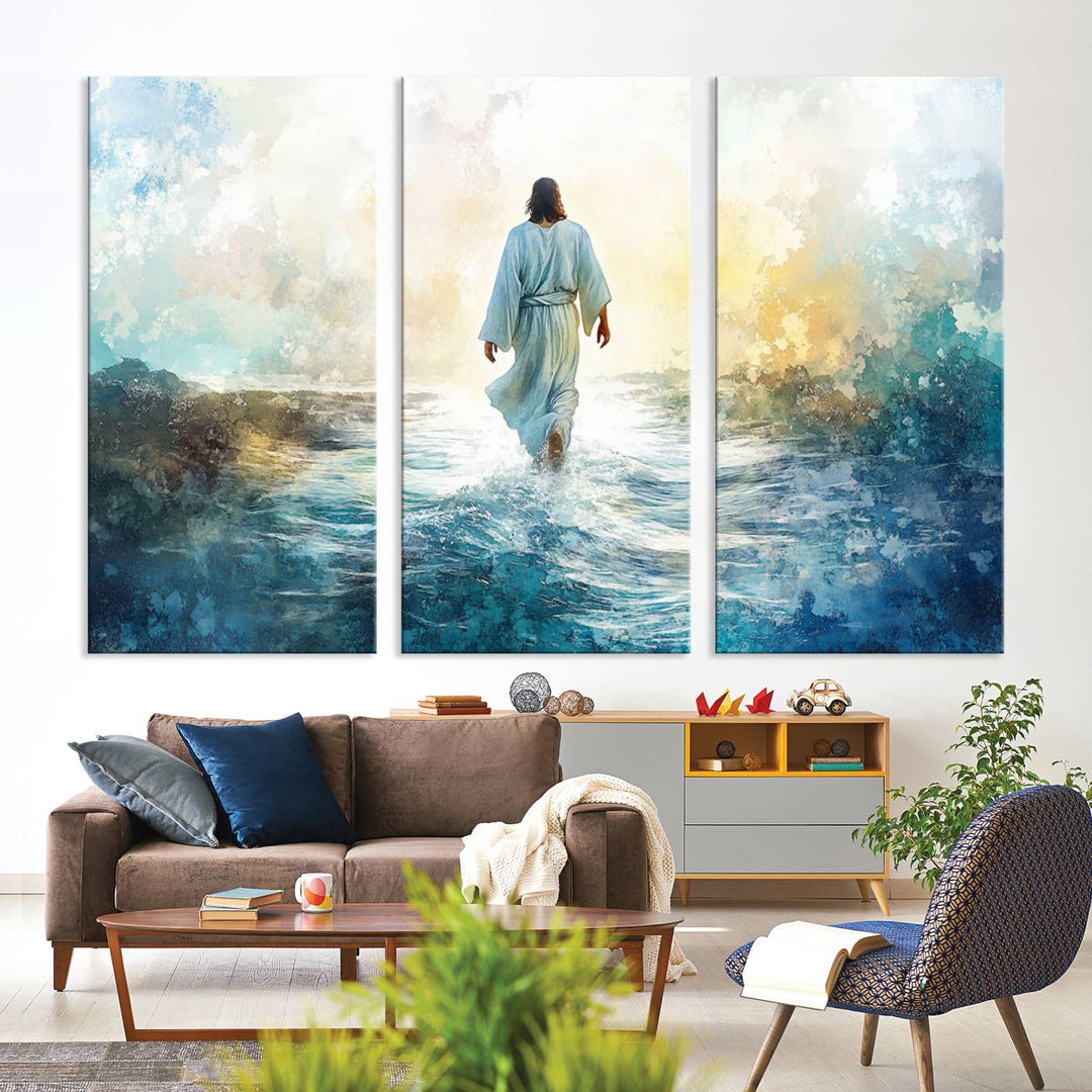 Watercolor Jesus Walking on Water Canvas Print, Christian Wall Art, Jesus Christ Walking