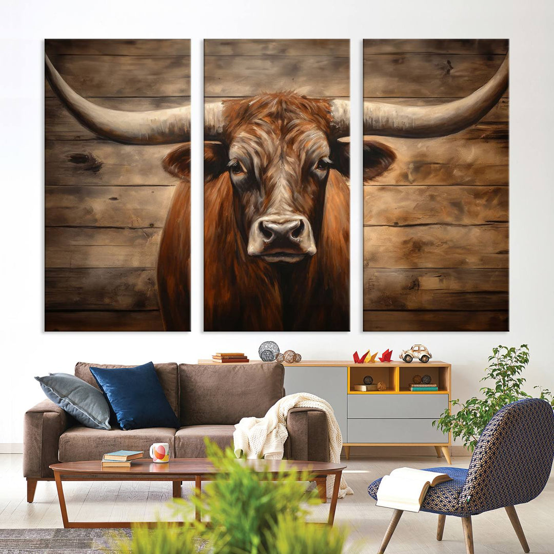 Longhorn Bull Canvas Print: Rustic Farmhouse Decor, Ready to Hang Western Barn Art.