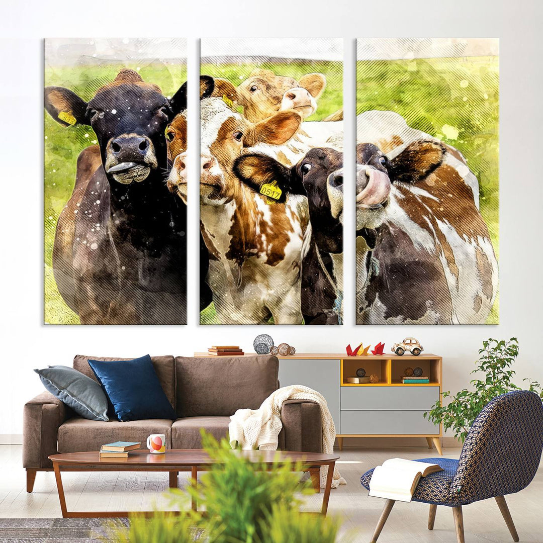 A charming triptych featuring the "Curious Cows Farmhouse Wall Art," a ready-to-hang and framed canvas print, adds a touch of rustic farm decor to the space.