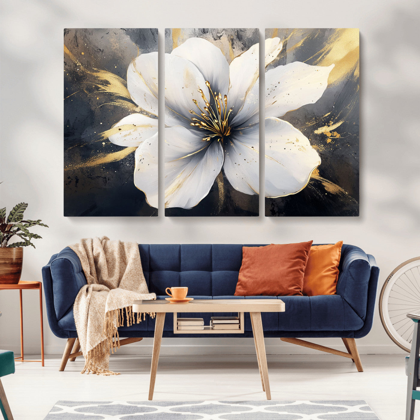 MGV-CV-48X32-3P - White Flower Wall Art Canvas Print | Ready to Hang | Abstract Floral Wall Decor | Elegant Bloom