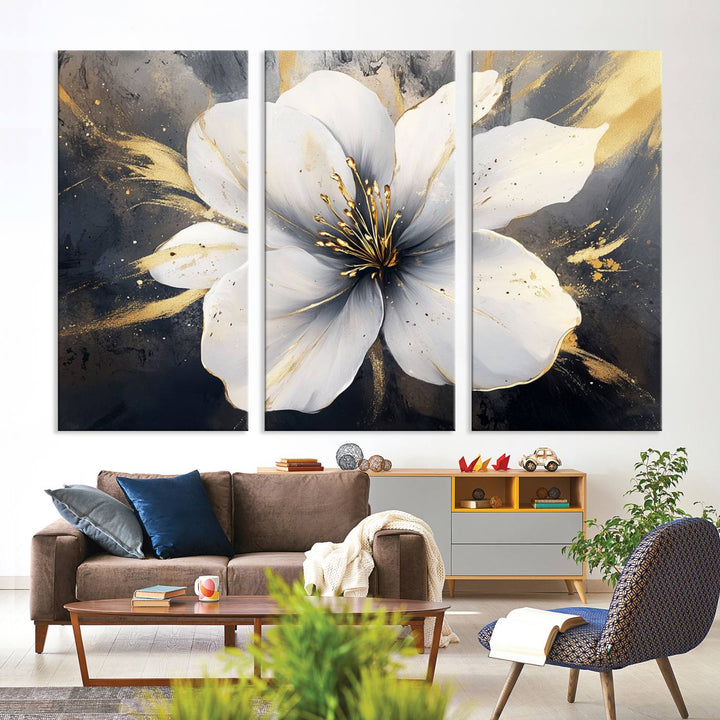 White Flower Wall Art | Canvas Print | Ready to Hang | Abstract Floral Wall Decor | Elegant Bloom Artwork | Framed for Living Room or Bedroom