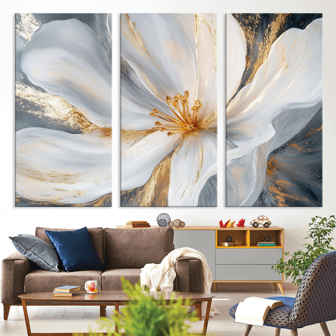 83149-MGV-CV-36X24-White and Gold Floral Canvas Wall Art - Framed and Ready to Hang - Perfect for Modern Living Rooms
