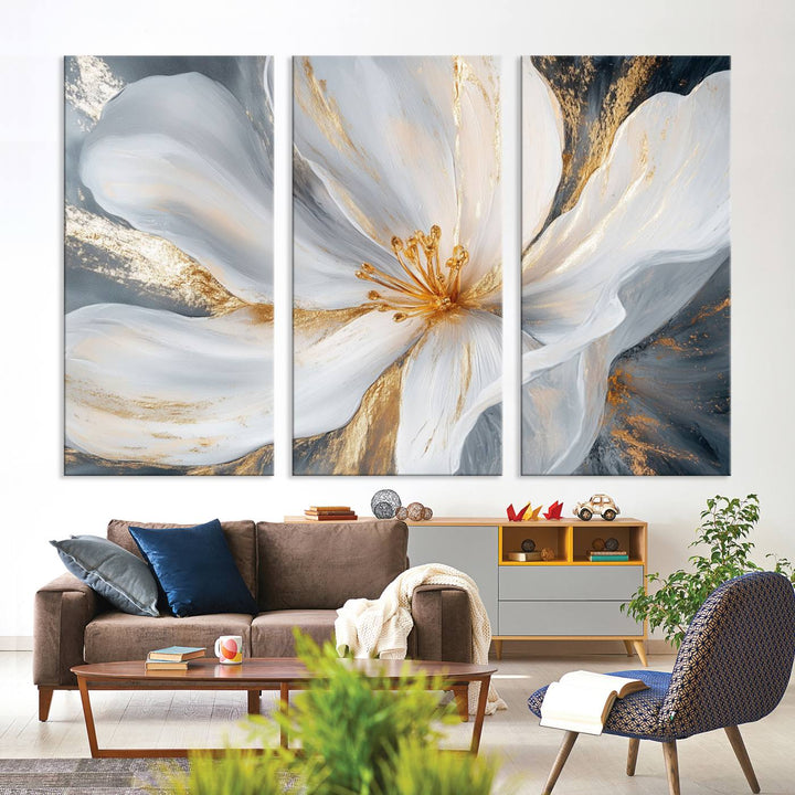 White and Gold Floral Canvas Wall Art - Framed and Ready to Hang - Perfect for Modern Living Rooms