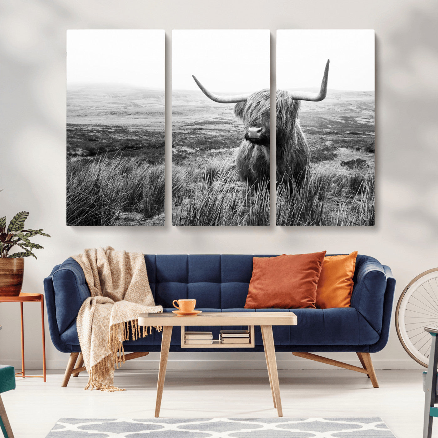 MGV-CV-48X32-3P - Scottish Highland Cow Wall Art | Black and White Canvas Print | Ready to Hang and Framed | Rustic