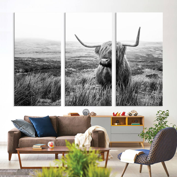 Scottish Highland Cow Wall Art | Black and White Canvas Print | Ready to Hang and Framed | Rustic Farmhouse Wall Decor for Living Room or Office