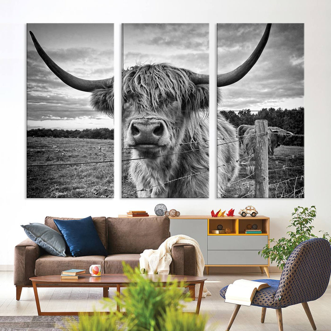 Scottish Highland Cow Wall Art Canvas Print | Ready to Hang and Framed | Rustic Farmhouse Decor