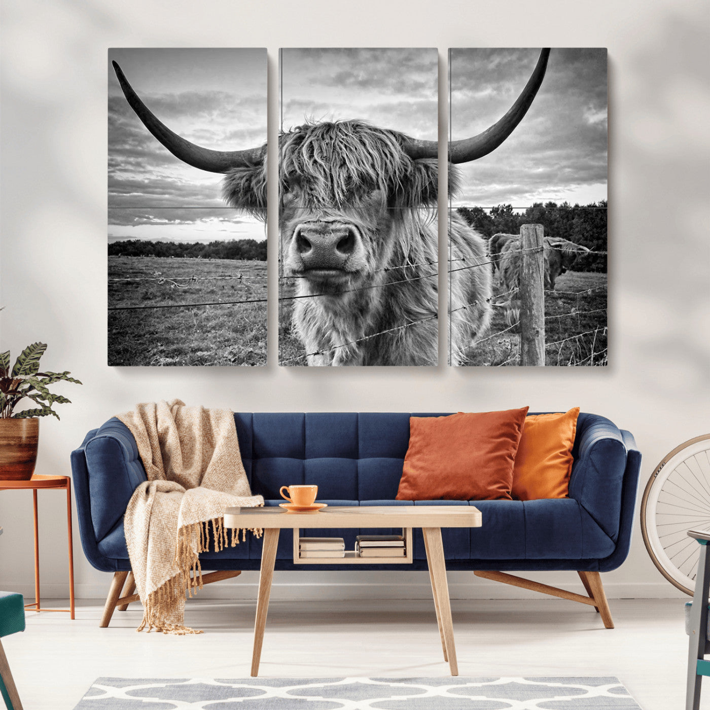 MGV-CV-48X32-3P - Scottish Highland Cow Wall Art Canvas Print | Ready to Hang and Framed | Rustic Farmhouse Decor