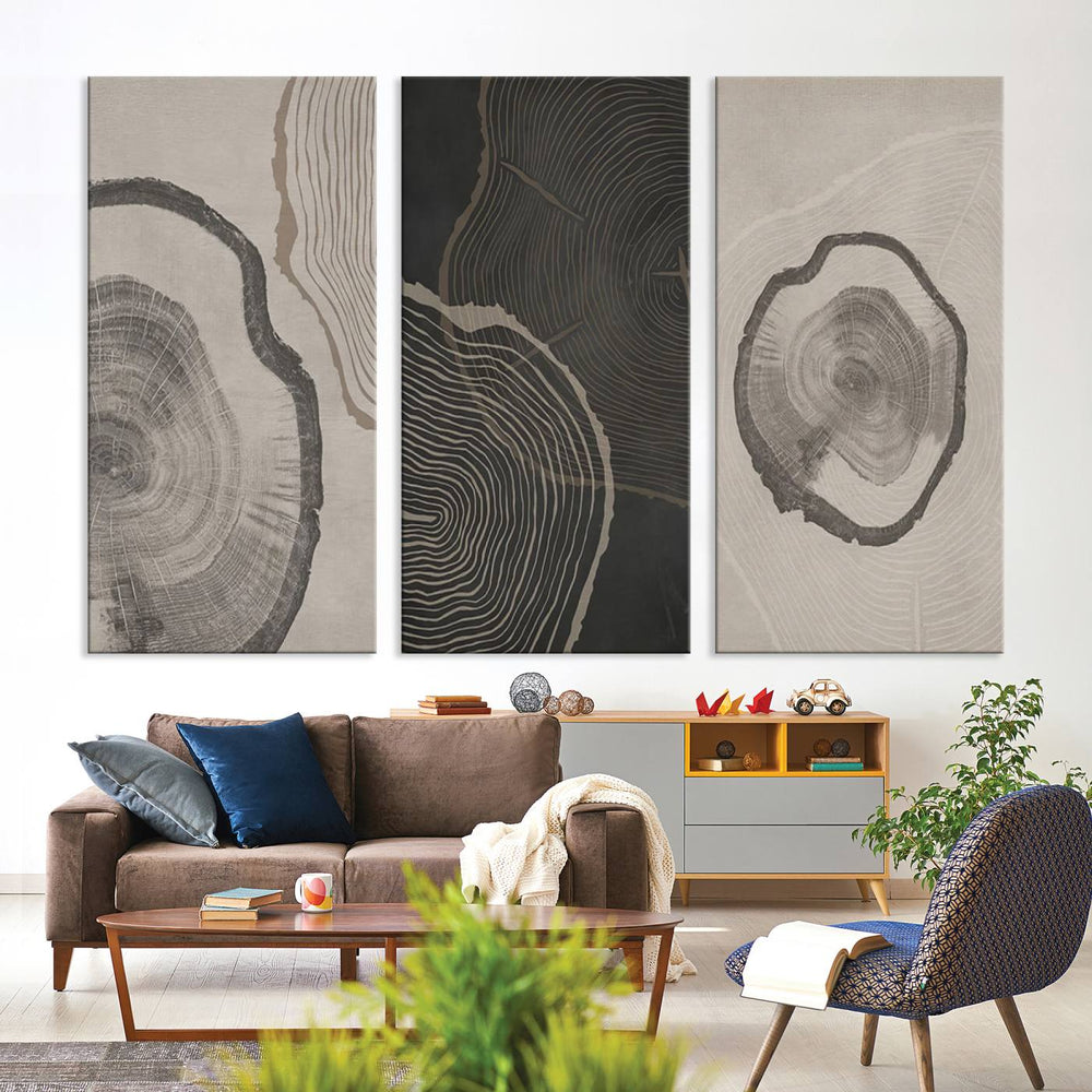 Tree ring canvas art in the dining area.