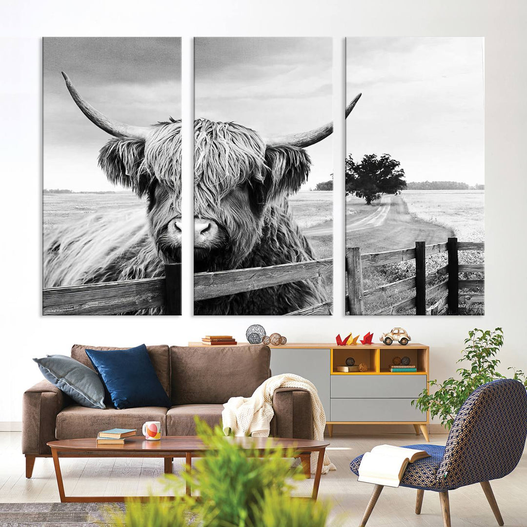 Scottish Highland Cow Wall Art | Rustic Farmhouse Décor | Black and White Ready to Hang Canvas Print