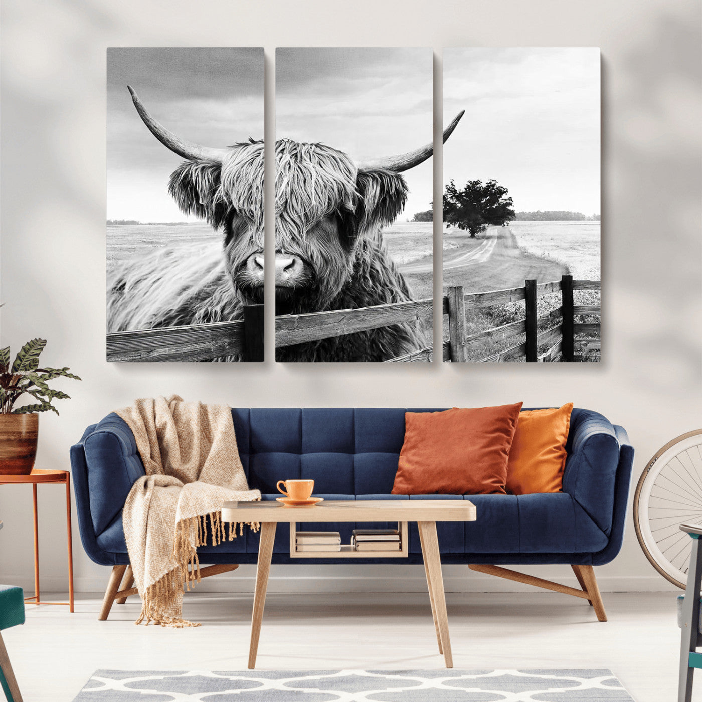 MGV-CV-48X32-3P - Scottish Highland Cow Wall Art | Rustic Farmhouse Décor | Black and White Ready to Hang Canvas Print