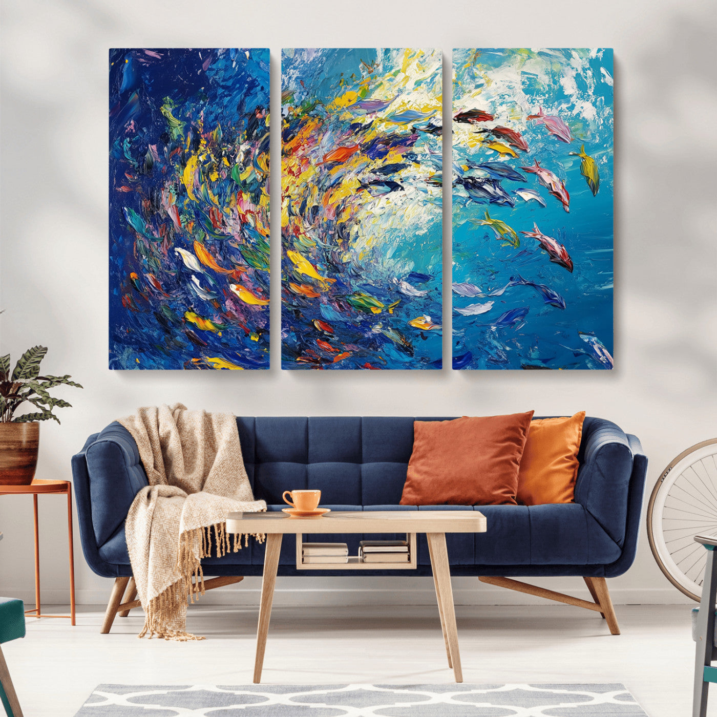 MGV-CV-48X32-3P - Colorful Swirling Fish School Wall Art Canvas Print | Oceanic Abstract Painting | Ready to Hang |