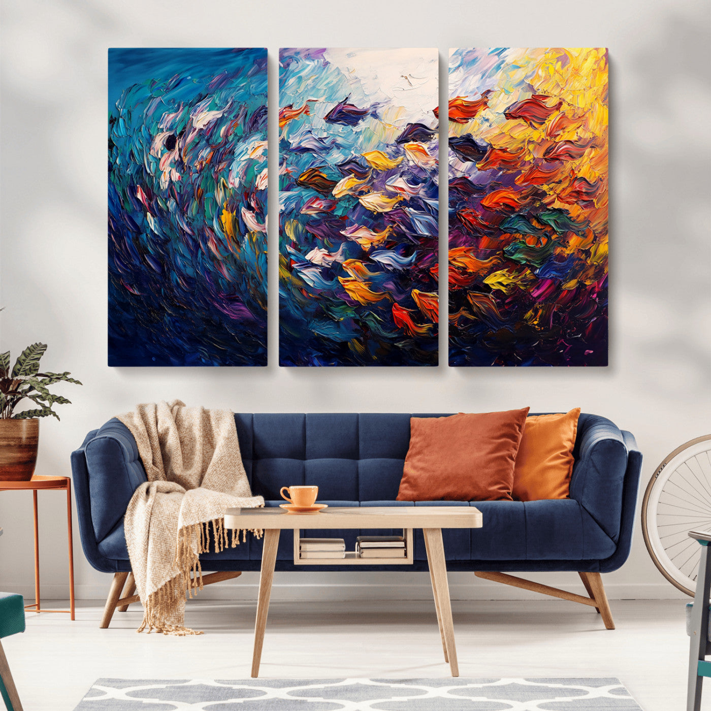 MGV-CV-48X32-3P - Vibrant Abstract Fish Swarm Art – Colorful Fish Inspired 3-Piece Canvas Wall Art for Living Room or