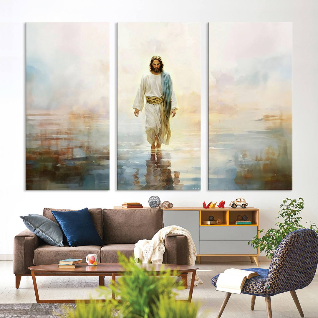 The 3-panel Framed Jesus Walking on Water Wall Art showcases a serene religious scene.