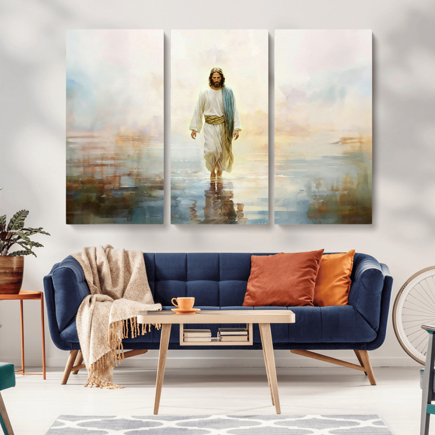 MGV-CV-48X32-3P - Framed Jesus Walking on Water Wall Art - 3-Panel Christian Canvas Prints, Religious Artwork for