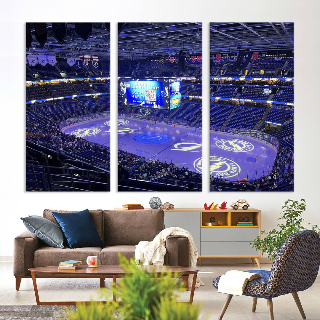 The wall art canvas print at Amalie Arena features team logos on ice, encapsulating the vibrant atmosphere of an NHL hockey stadium.