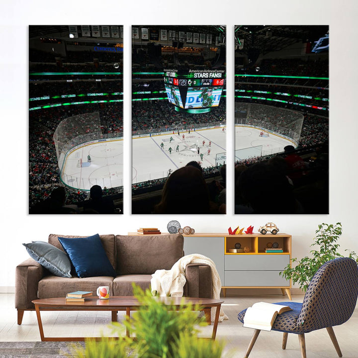 The Dallas Stars Wall Art Canvas Print is as clear as the scoreboard stats at a hockey game in a large arena with bright lights.