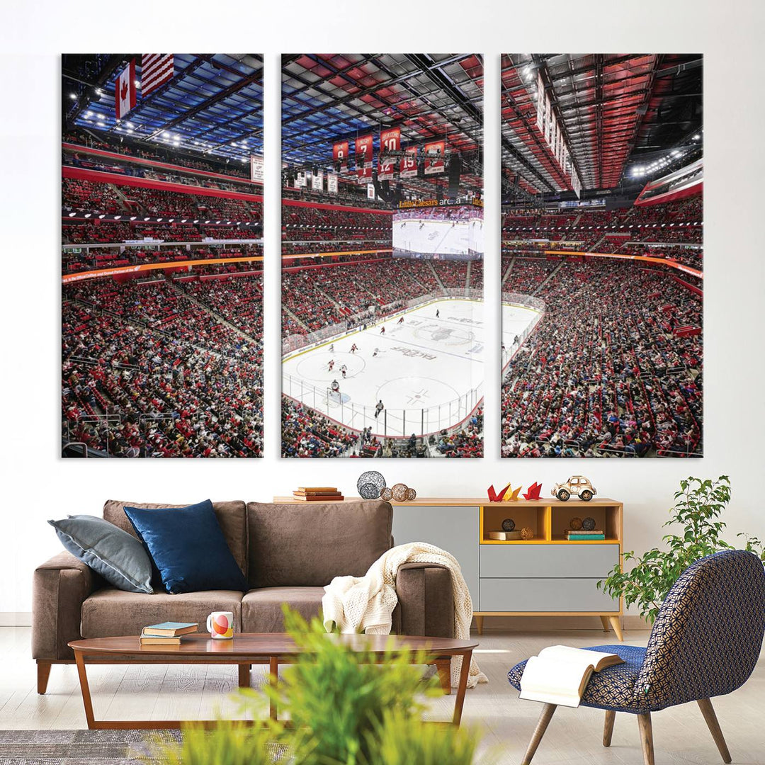 A Barton Malow canvas depicting Little Caesars Arena from above is beautifully printed in high resolution for your wall.