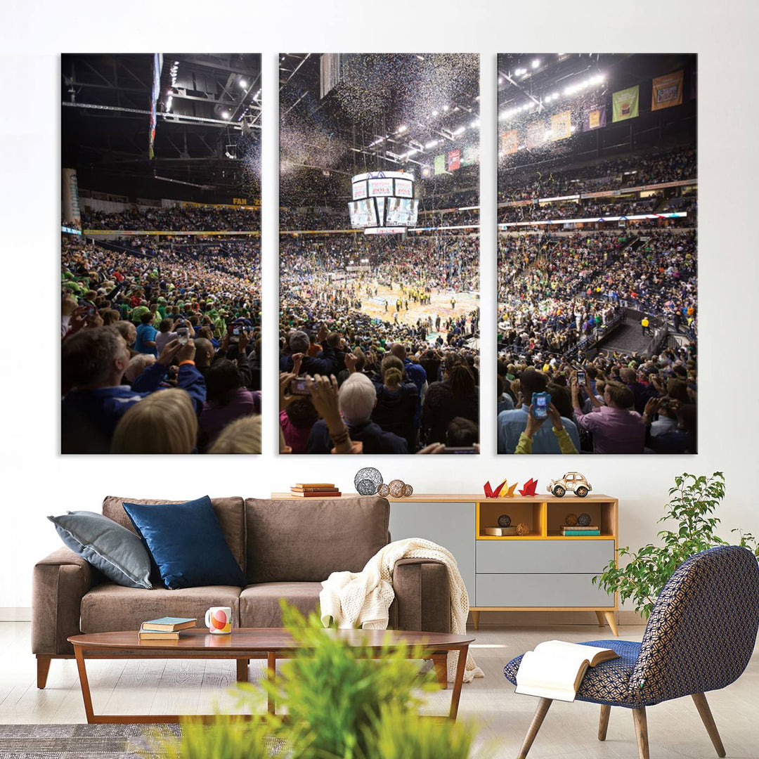 Our ready-to-hang canvas print captures the vibrant scene of the Bridgestone Arena illuminated with fans and confetti.