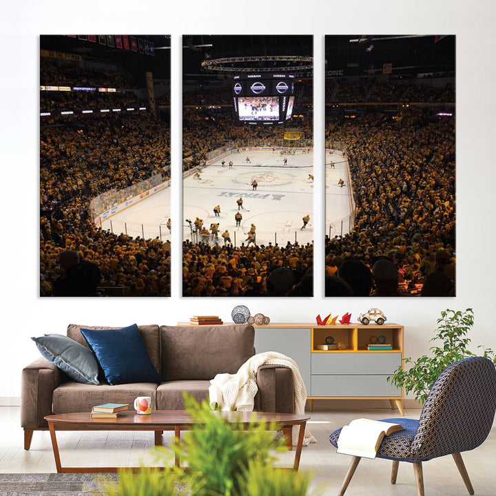 A captivating triptych canvas print, titled "Bridgestone Arena - Nashville Predators Hockey Team Print," adorns the wall. This Nashville wall art canvas print is perfect for Predators fans who appreciate sports-themed decor.