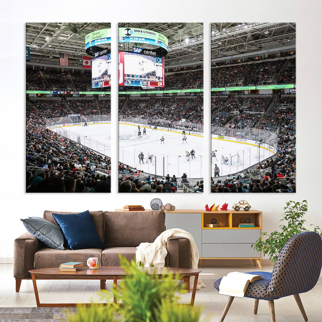 A packed ice hockey arena buzzes with energy as players glide on the ice and a large screen displays scores. The indoor decor features Sharks Arena Blackhawks Sharks Ice Hockey Stadium Wall Art Canvas Prints, creating an unexpected yet charming sporting atmosphere reminiscent of a gallery.