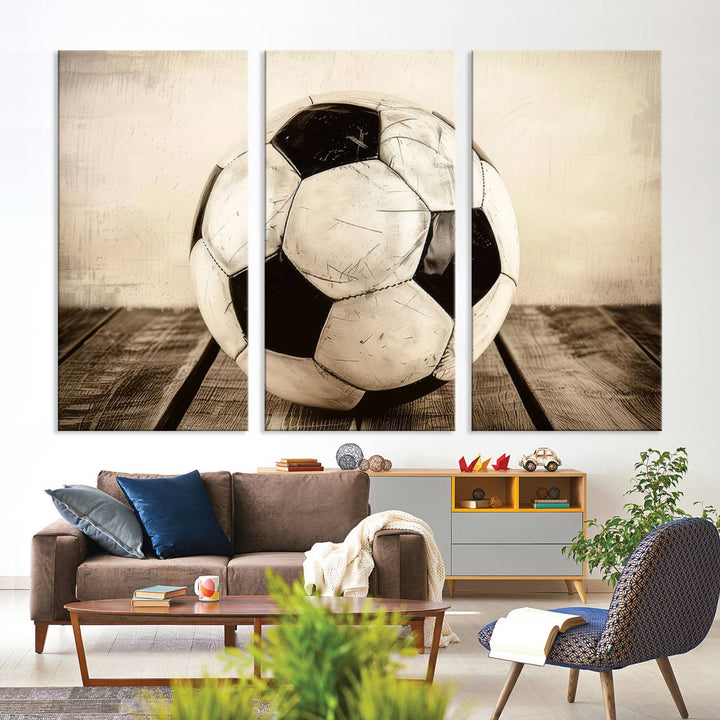 Vintage Soccer Ball Triptych Canvas Art – 3-Panel Soccer Wall Decor, Framed and Ready to Hang Sports Art for Home, Office, or Gym