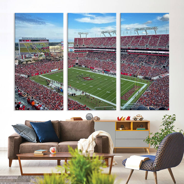 The Florida Tampa Raymond James Stadium Wall Art Canvas Print is featured above the cabinet.