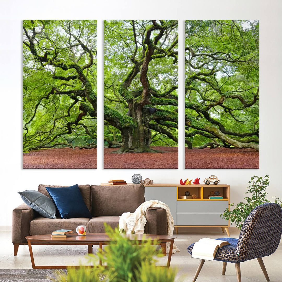 Framed Angel Oak Tree Wall Art - 3-Panel Canvas Prints, Large Green Nature Artwork, Ready to Hang Home Decor for Living Room, Office, Bedroom