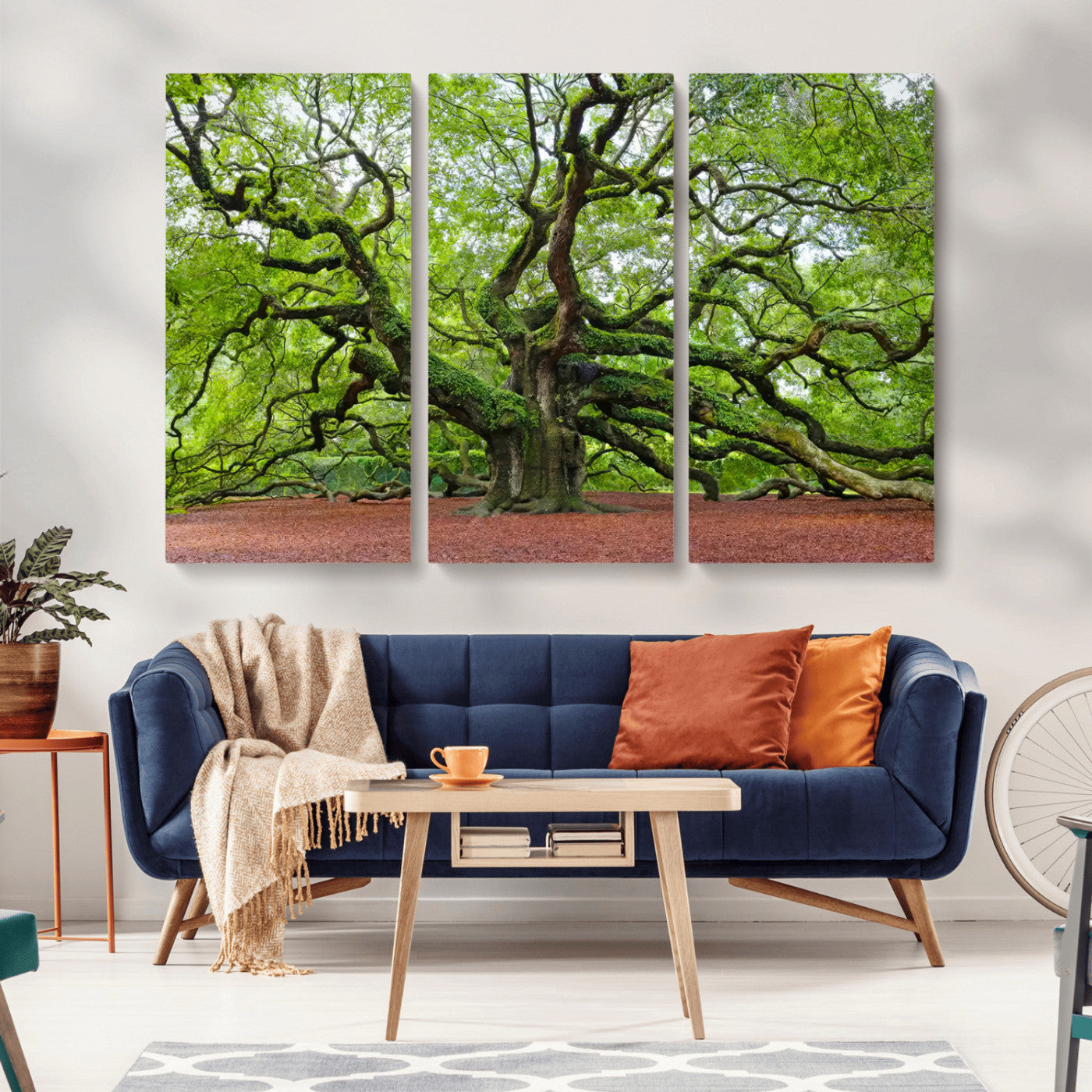 MGV-CV-48X32-3P - Framed Angel Oak Tree Wall Art - 3-Panel Canvas Prints, Large Green Nature Artwork, Ready to Hang