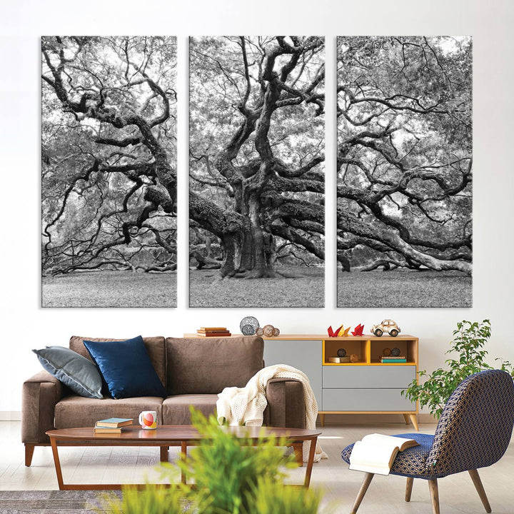 Black White Angel Oak Tree Wall Art - Timeless Nature-Inspired Canvas for Rustic, Modern, or Traditional Home Decor