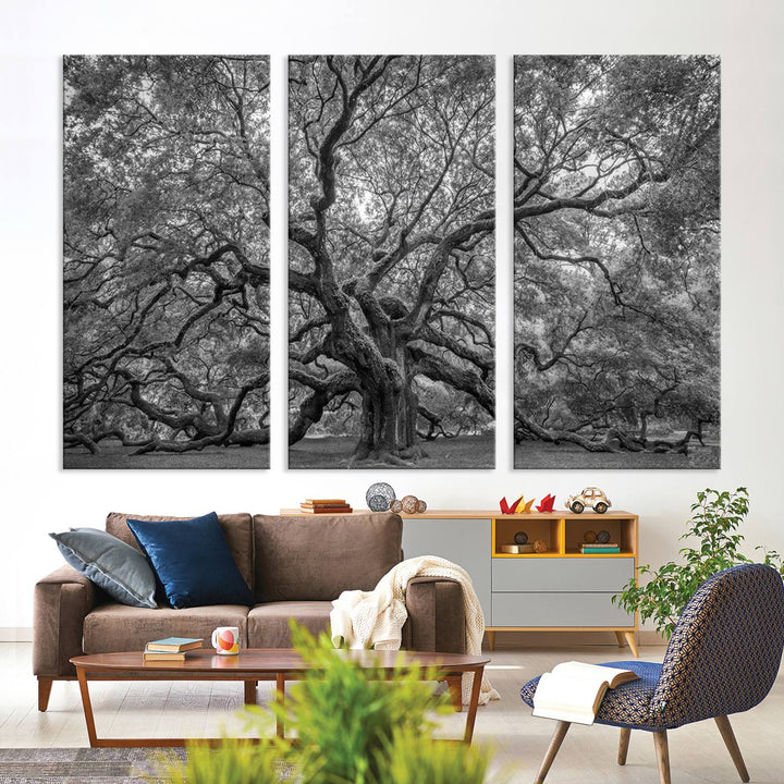 Majestic Angel Oak Tree Black and White Canvas Print – Multi Panel Wall Art, Giclée Print, Ready to Hang Nature Photography for Home Decor