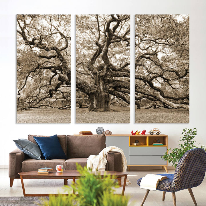 Displayed on the wall is a Sepia-framed Angel Oak Tree 3-panel canvas.