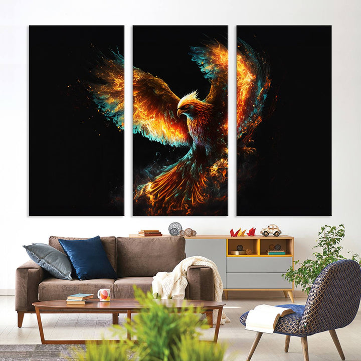 Fiery Phoenix Canvas Print | Ready to Hang Wall Art | Bold Fantasy Decor for Living Room | Majestic Bird Artwork