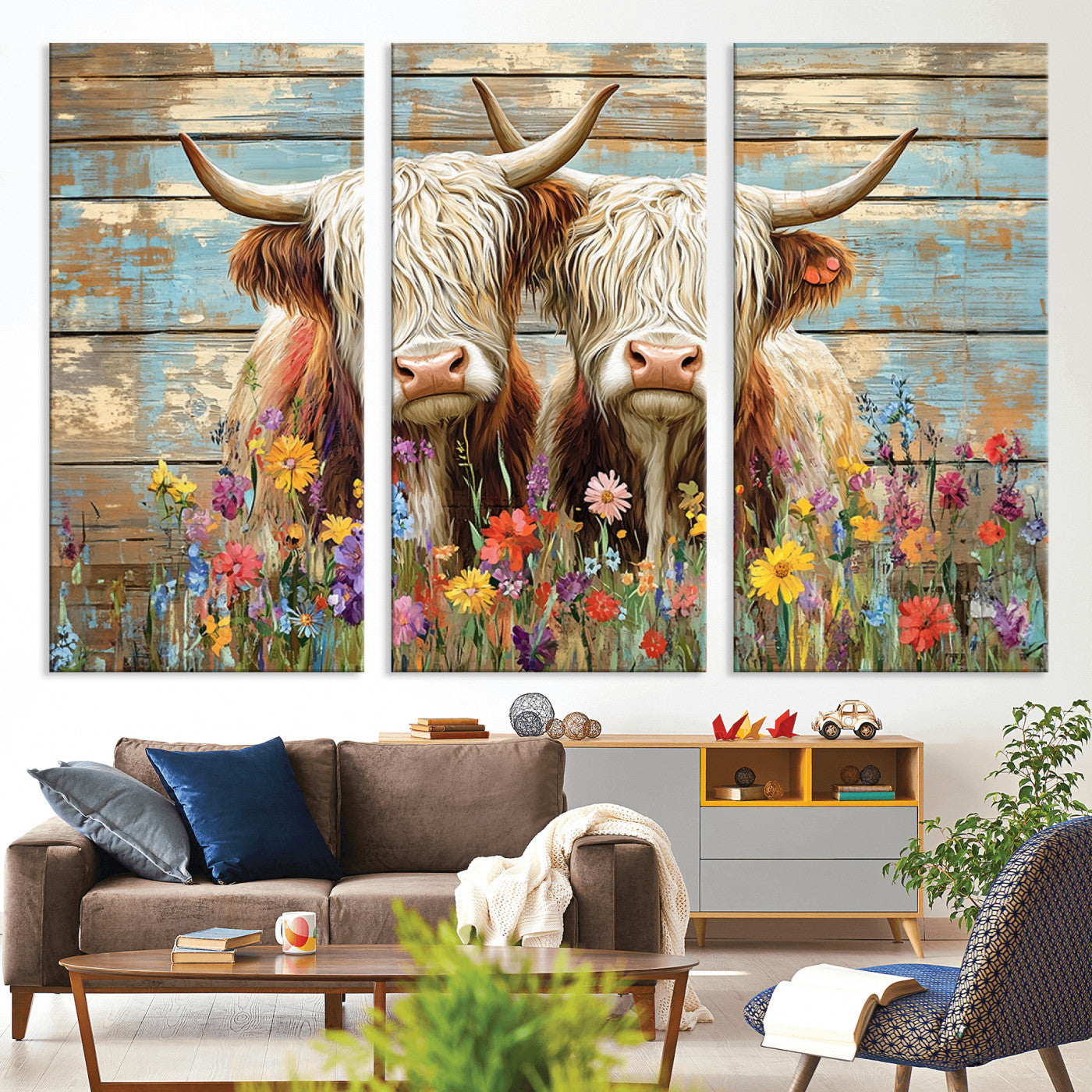 36972-MGV-CV-36X24-Cute Highland Cow Canvas Wall Art - Rustic Farmhouse Decor with Colorful Flowers Perfect Wall Art for Home