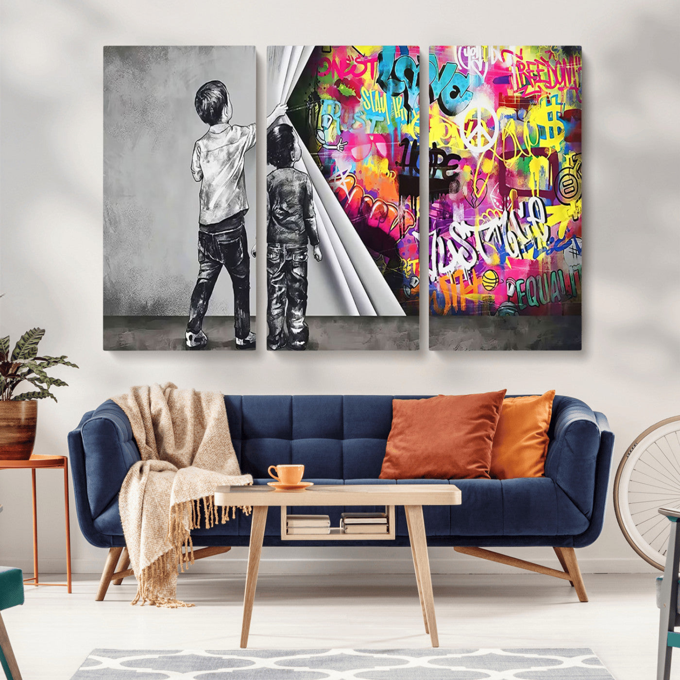 MGV-CV-48X32-3P - Banksy Print - Street Art Canvas Wall Art - Kids Revealing Graffiti, Urban Modern Decor for Living