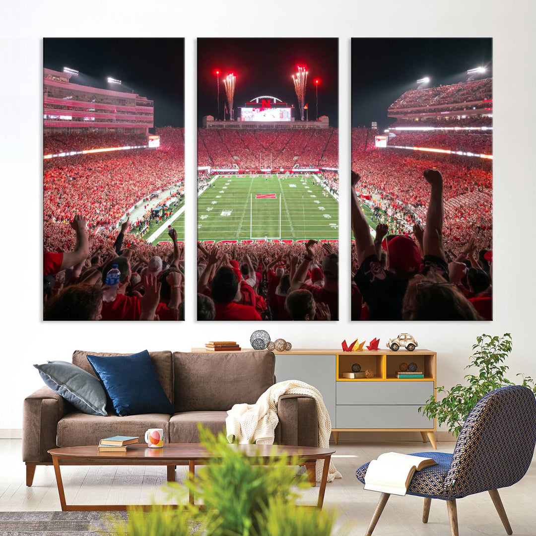 The University of Nebraska Cornhuskers Football Team Print, a vibrant three-panel canvas depicting Lincoln Memorial Stadium filled with enthusiastic fans from the end zone perspective, features a gallery-quality finish.