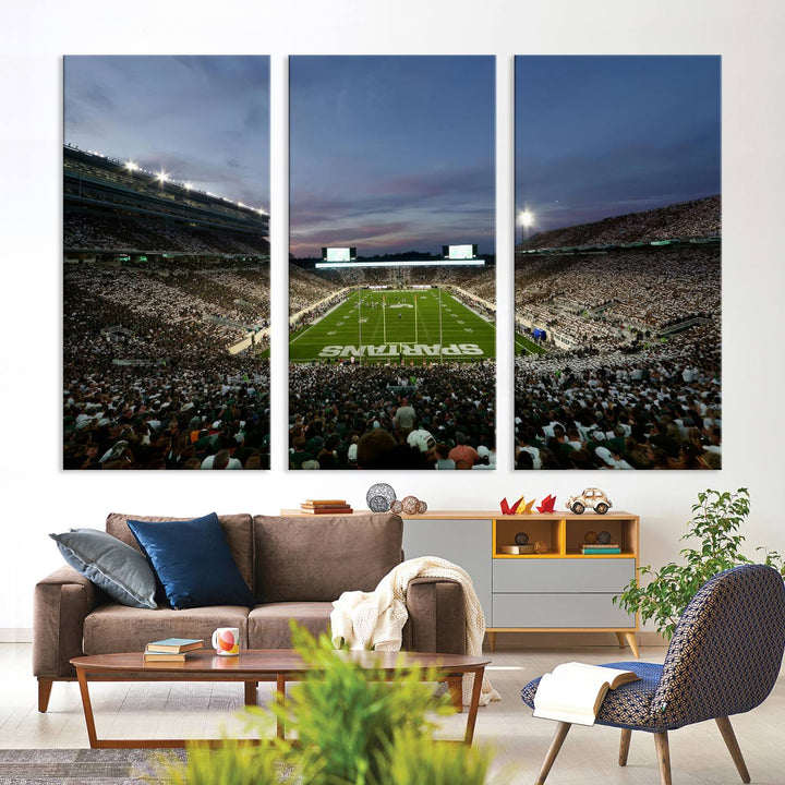 Wall art featuring a stadium at dusk with full stands—ideal for the Michigan State Spartans Football Team Canvas Print.