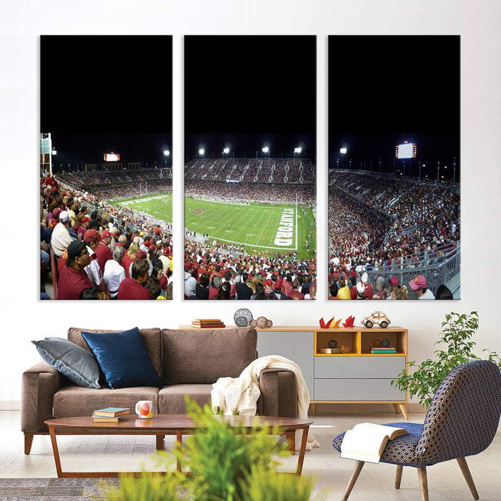 This Stanford University Cardinal Football Team canvas print, depicting fans in red filling Stanford Stadium at night, is perfect.