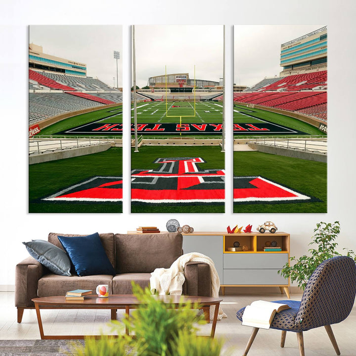 Gallery-quality print of Lubbock Jones AT&T Stadium featuring the Texas Tech Red Raiders field, highlighted by red and gray bleachers.