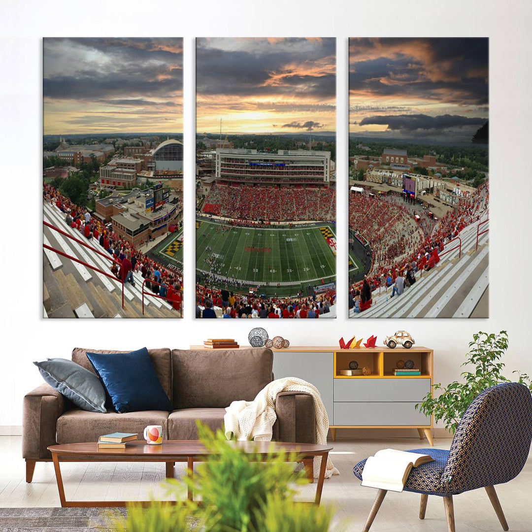 The University of Maryland Terrapins Football Team Print features SECU Stadium at sunset with vibrant skies.